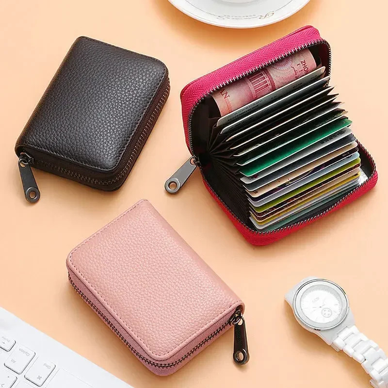 Multi Slot Card Holder Vintage Small Wallet Women Men Business Bank Credit Card Bag Male Coin Pouch Solid Leather Zipper Wallet 250414