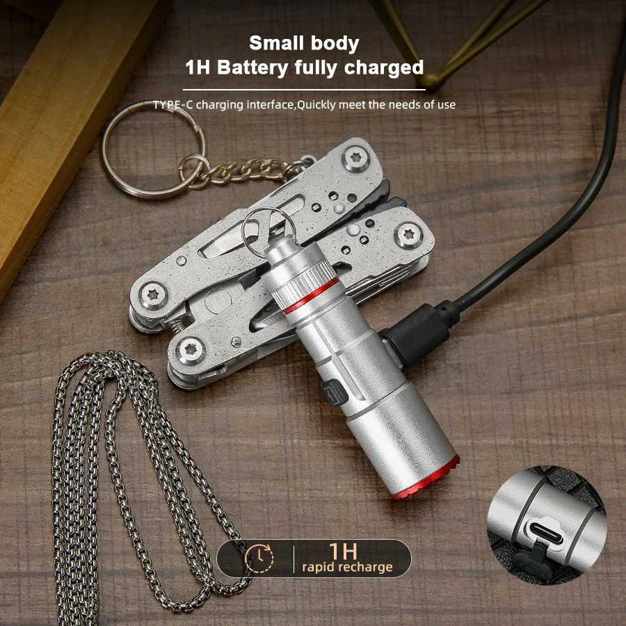 1-2PCS EDC Mini Keychain Flashlight With Neck Chain USB Rechargeable Torch Portable Waterproof Light for Camping Hiking Kid Gift M251115