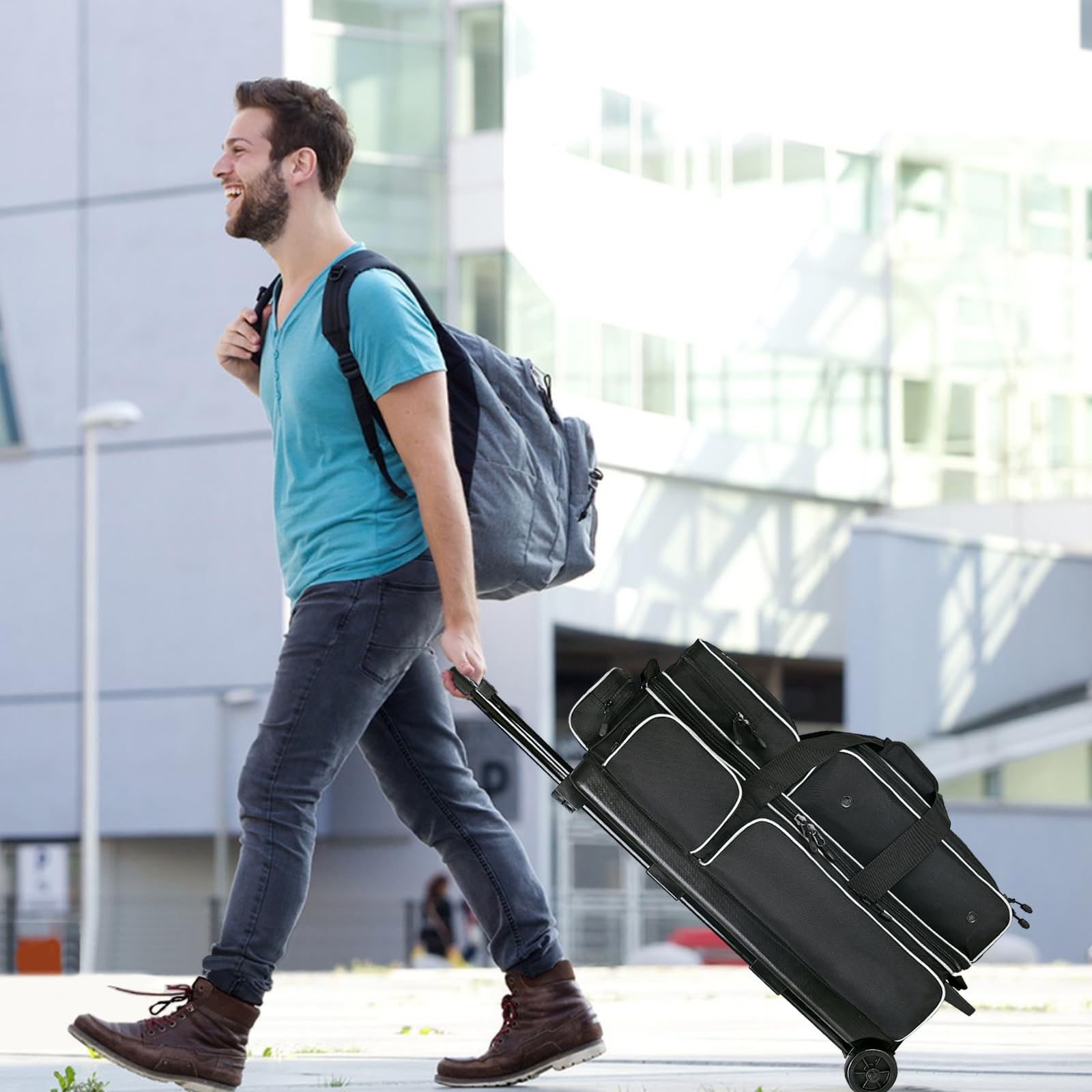 3 Bowling Ball Bag With Wheels - Rolling Bag for Balls & Accessories - Retractable Handle Extends to 38"