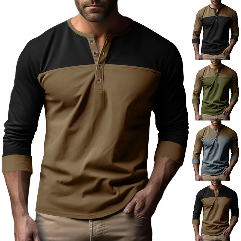 2025 autumn new long sleeved with color blocked Henry collar base men's t-shirt