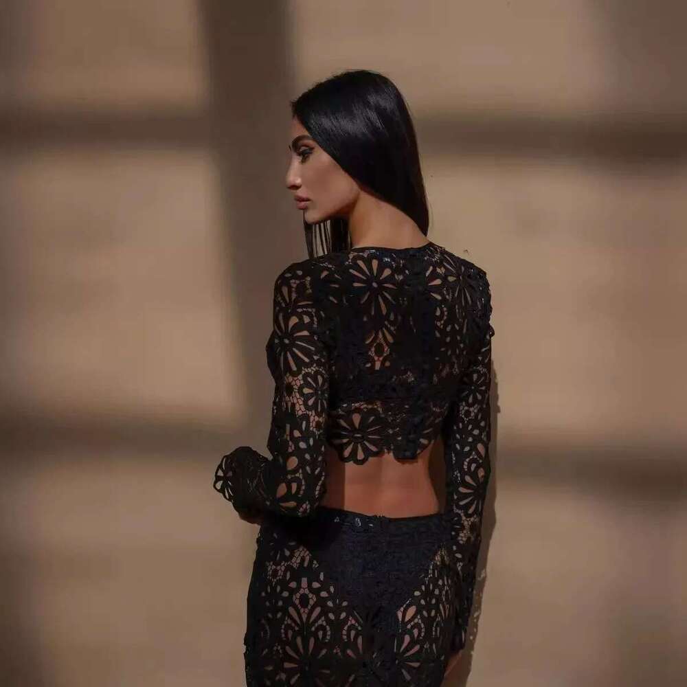 Hollow Out See Through Tank Top Skirts Suits Women Long Sleeve Wave Cut Lace Tops Hip Package Skirt Suit Female 2024 Lady Set