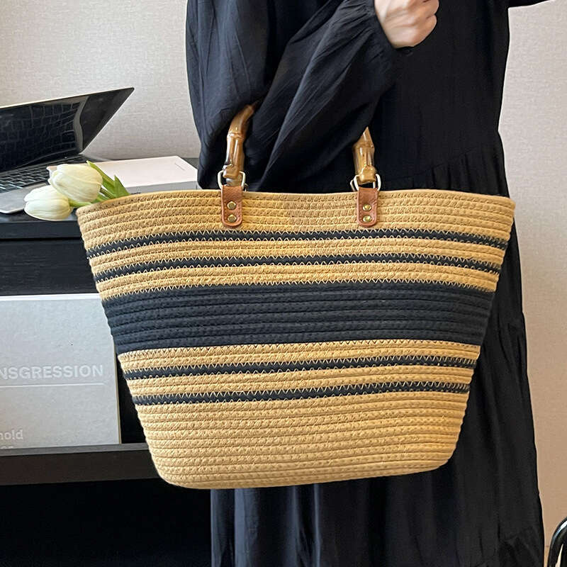 Handmade Beach Bag Striped High-Capacity Cotton Thread New Imitation Bamboo Joint French Grass Woven Portable Beach Bag, Women's Bag Kq2