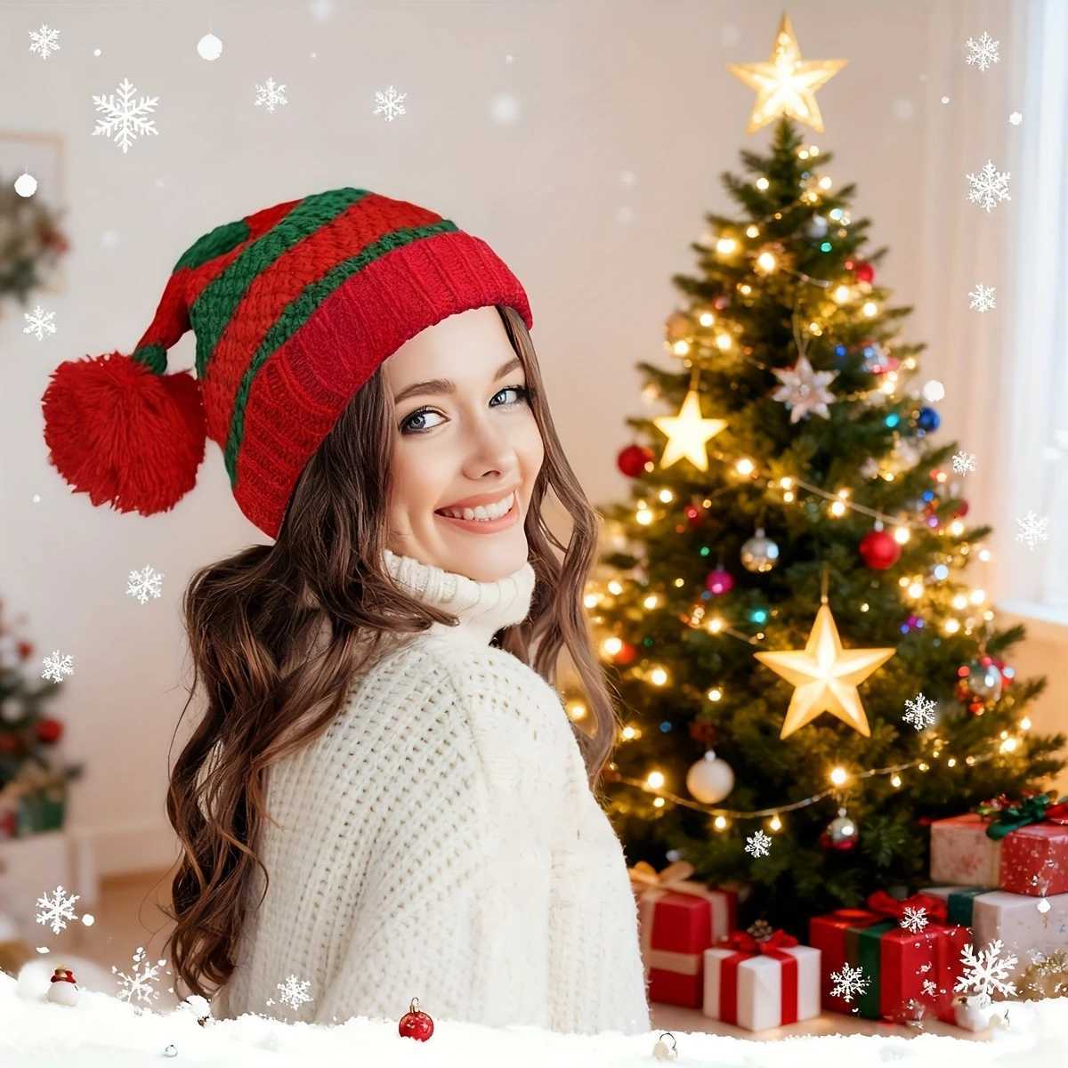 Christmas Hat Contrast Ball Party Cap Suitable for Xmas Parties Activities Knitted Santa Hats Festive Headwear Xmas Party Hat Y251115