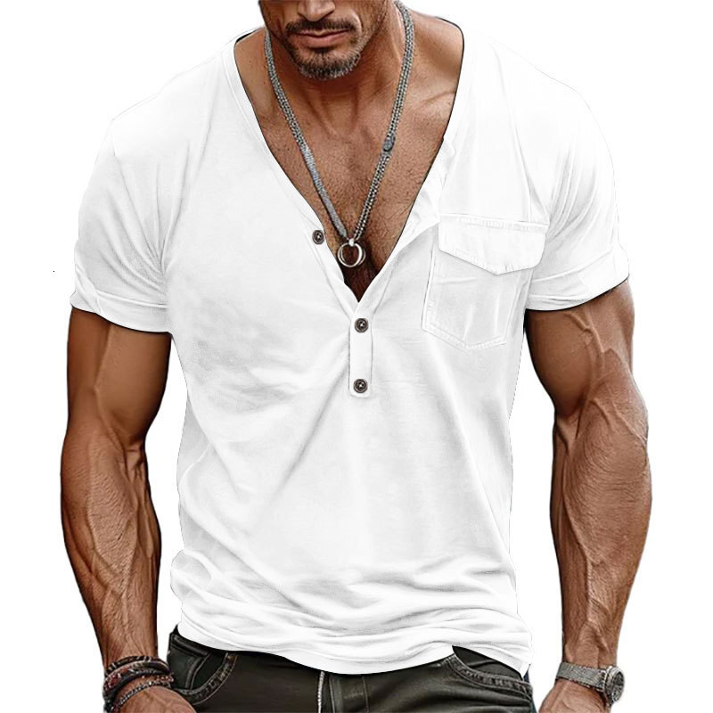 Trendy summer haute couture solid color large casual short sleeved Henry shirt T-shirt men's t-shirt
