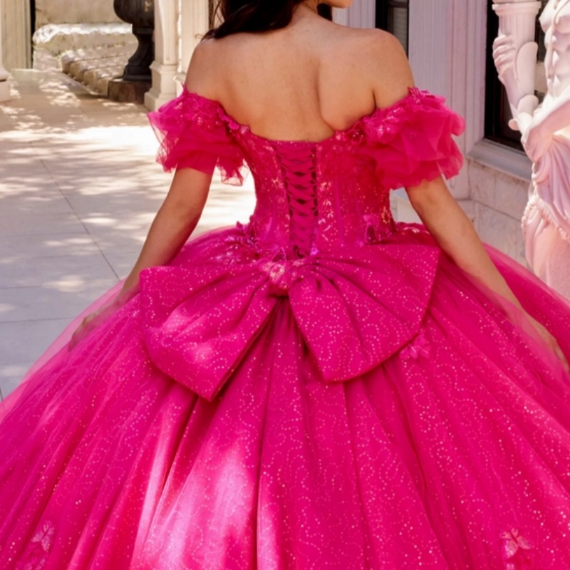 Rose Red Shiny Princess Quinceanera Dresses Off Shoulder Sequin Applique Bow Beading Tull Sweet 16 Dress Ball Gown Vestidos 15