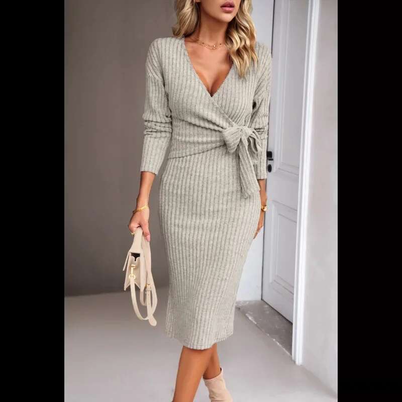 Women's Knitted Dress Long-Sleeved V-Neck Lace-Up Fashion Autumn And Winter Knee-Length Skirt