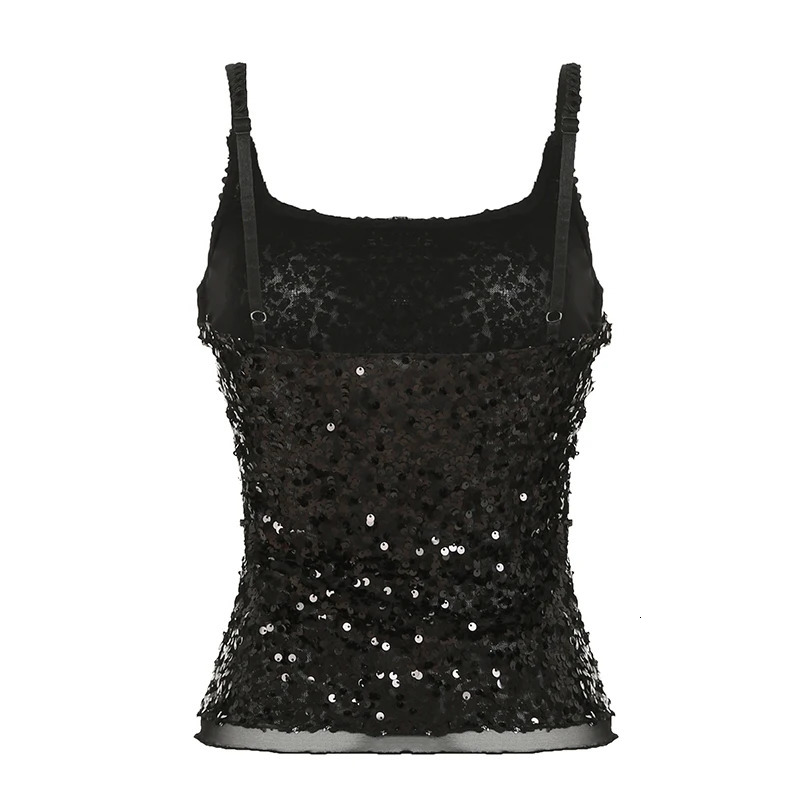 CIBBAR Black Sequined Crop Top Sexy See Through Sleeveless Skinny Club Party Camisole Women Vintage 2000s Tee y2k Aesthetic Vest 250415