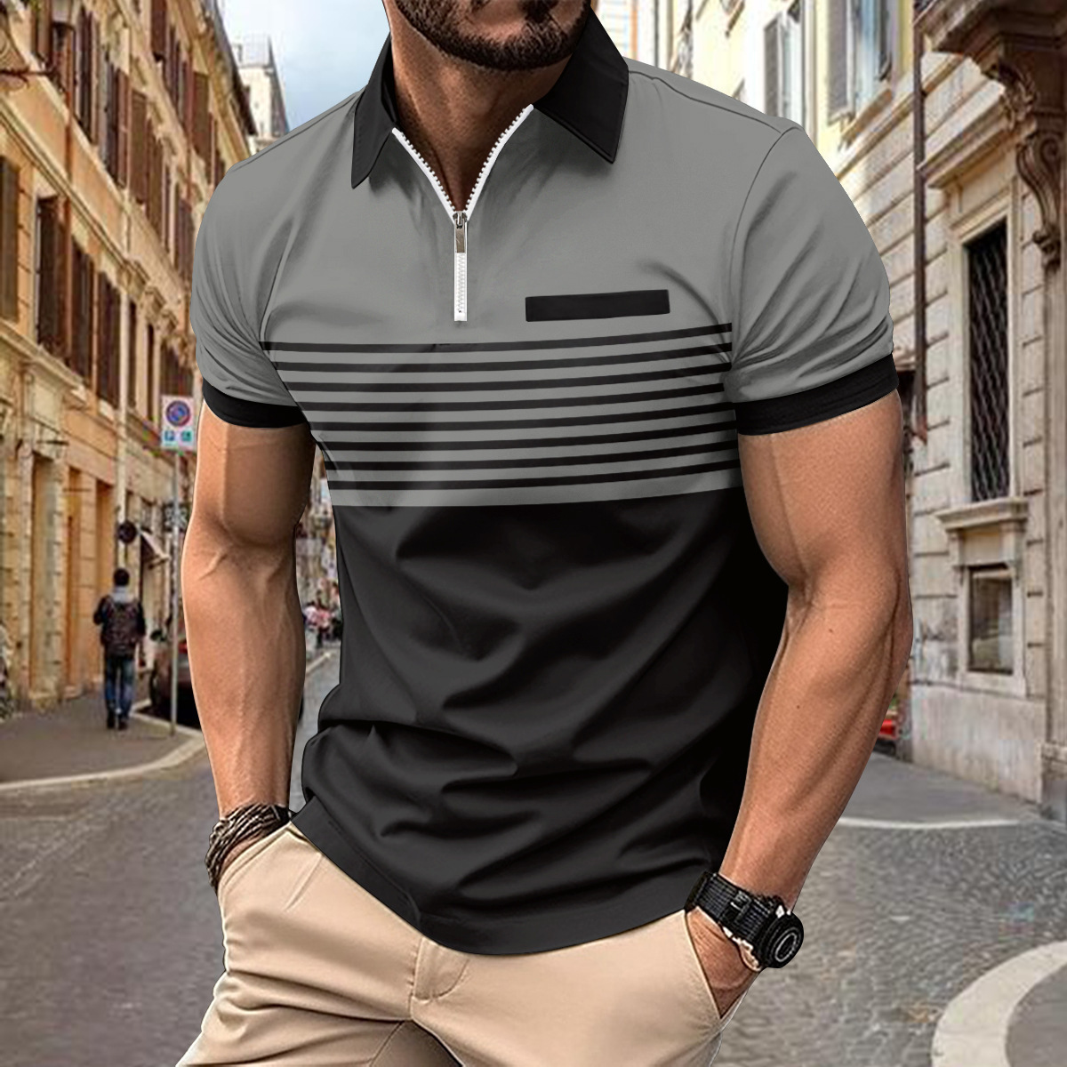 2025 Ins Summer Sale Polo Shirt Zipper Mens Printed Striped Polo Shirt