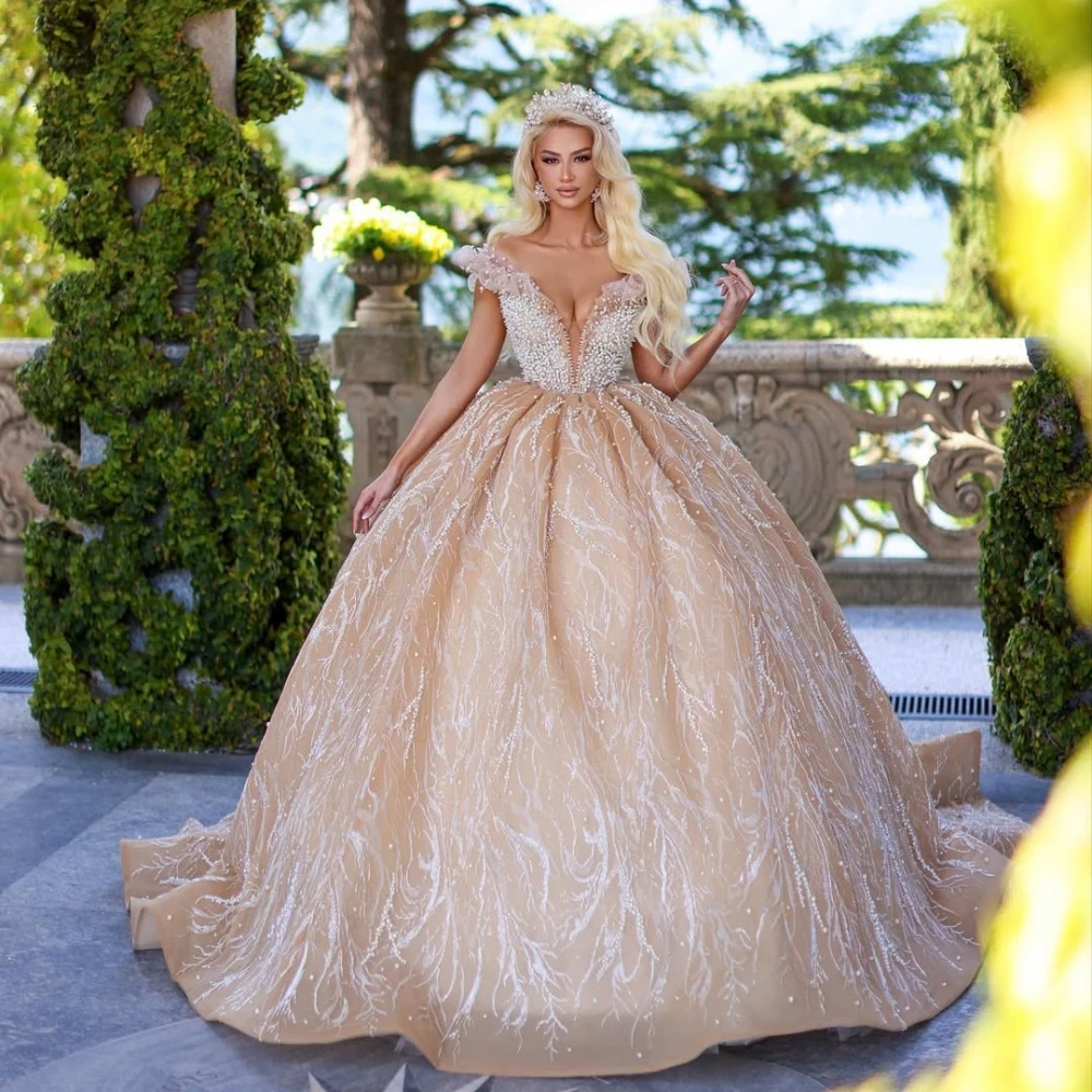 Illusion Ball Gown Wedding Dress Sweetheart Neck Off Shoulder Bridal Gowns Sequins Pearls Sweep Train Dresses Custom Made vestidos de novia