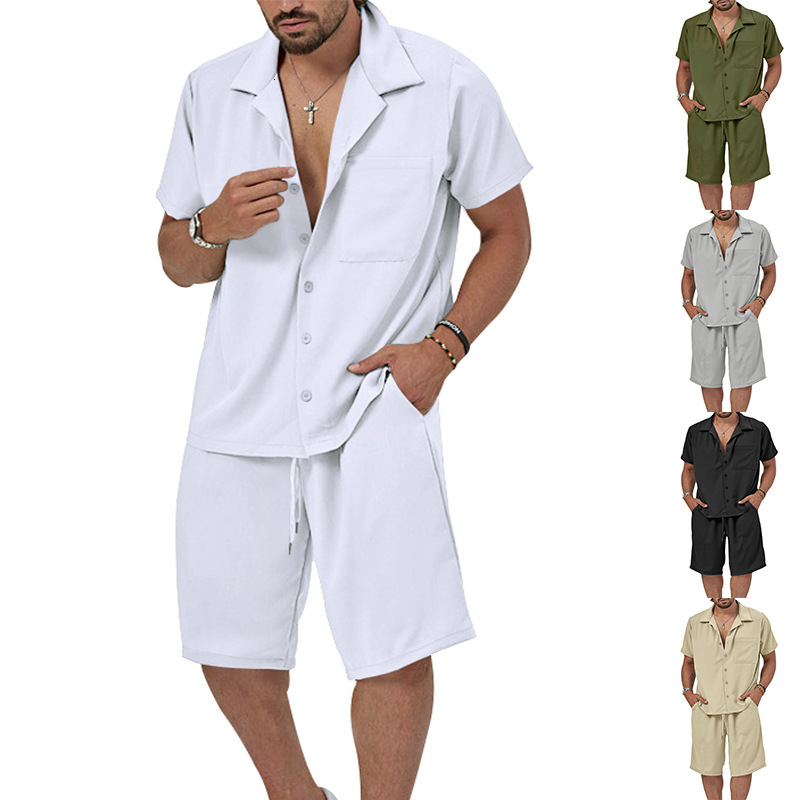 2025 Summer Men's Short sleeved Shorts Set Solid Color Collar Shirt Large Casual Two Piece