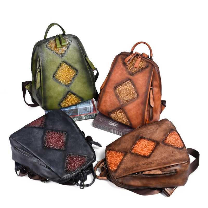 Handmade Retro Embossed Floral Backpack For Women Genuine Cowhide Leather Fashion Women Bag Solid Color Muti-function BackpacksW251114