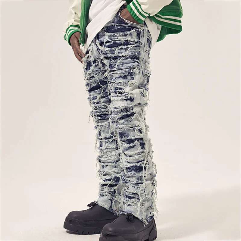 Spring New Men's American Vintage Streetwear Tide Denim Jeans Holes Raw Edge Casual Chic Straight Slim Pants 28A1011