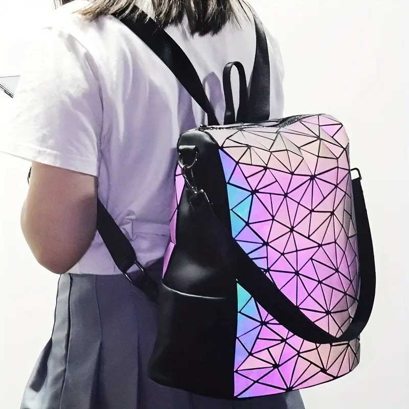Fashion Womens luminous Backpack PVC holographic geometric School Bags For Teenage Girls mochila feminina travel BagpackW251114