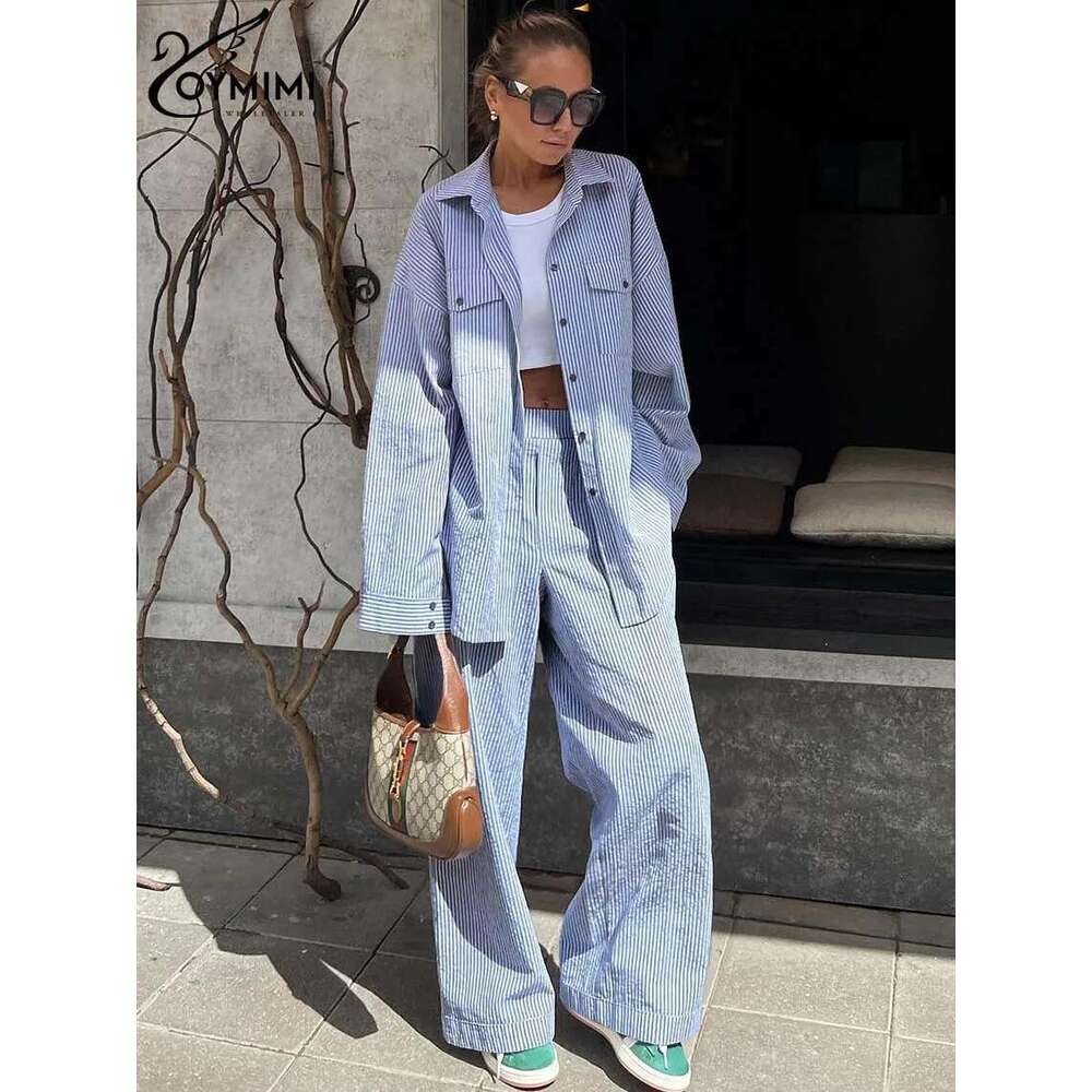 Oymimi Casual Dark Blue Print Women's Two Pieces Elegant Long Sleeve Button Shirt And Low Waist Straight Trousers Female Set
