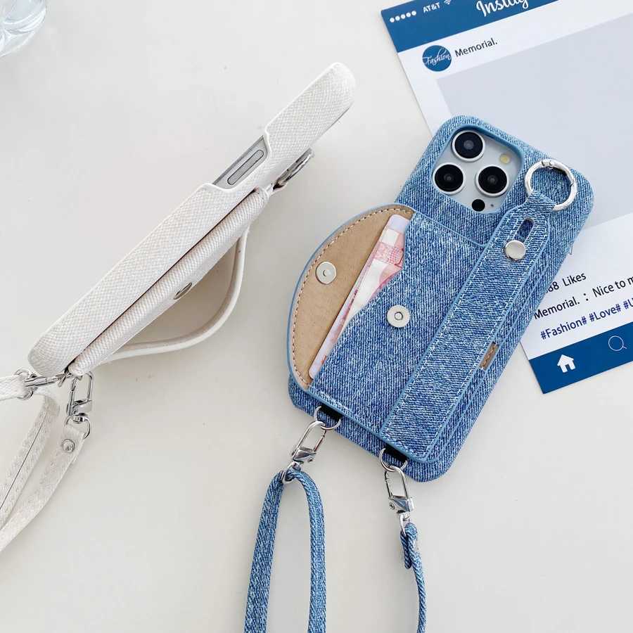Jeans Print Design Card Pocket Phone Case for iPhone 17 Air 16 15 Plus 14 13 12 11 Pro Max X Xs Xr 8 Back Anti-knock Cover Strap J251202
