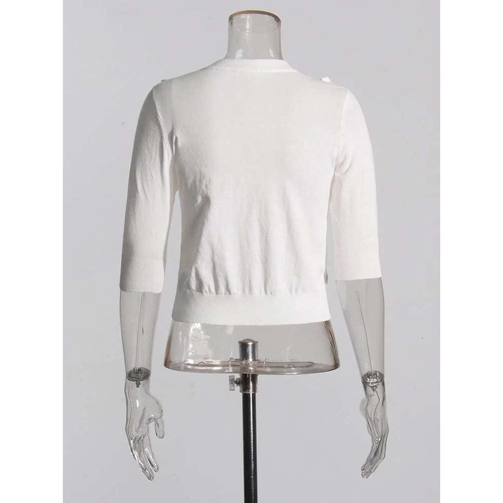 TWOTWINSTYLE Solid Spliced Appliques Slimming For Women O Neck Half Sleeve Patchwork Button Minimalist Sweater Female