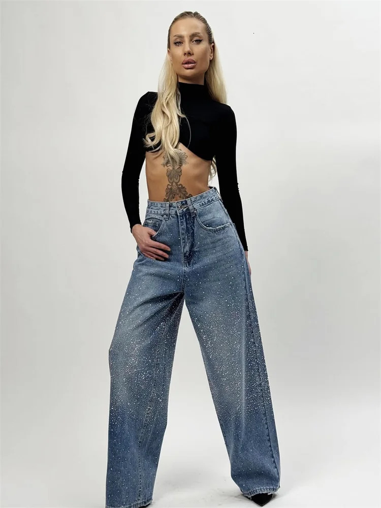 Diamond jeans casual blue pocket denim high waist wide leg pants 2025 spring womens Y2k street loose 250414