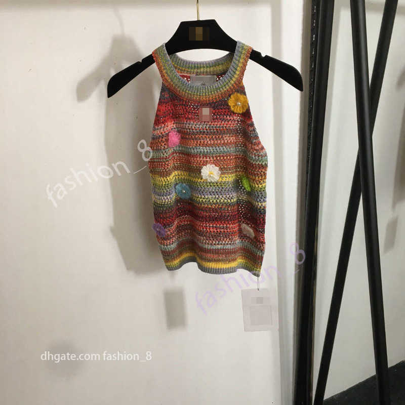 Luxury tank top designer 2025 Summer Line Rainbow Stripe Strap Vacation Style Handmade Hook Flower 3D Flower Hanging Neck Knitted Tank Top brand mirror quality