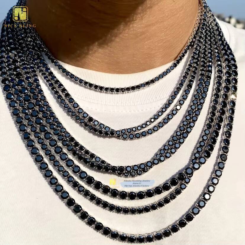 Pass Diamond Tester Black Gold Plated 925 Sterling Silver Moissanite Iced Out Necklace Black Color Moissanie Tennis Chain