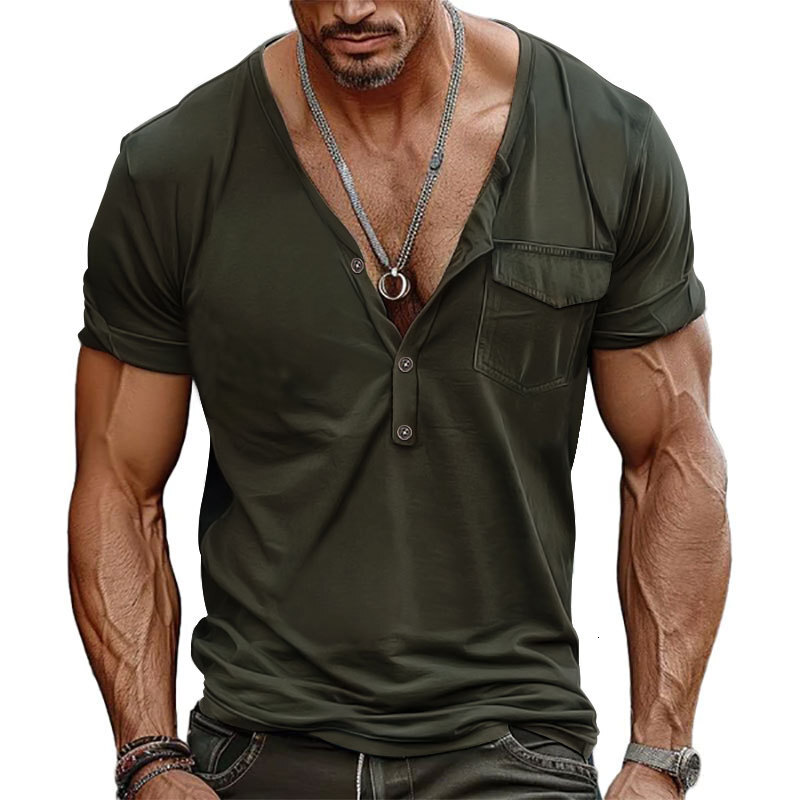 Trendy summer haute couture solid color large casual short sleeved Henry shirt T-shirt men's t-shirt