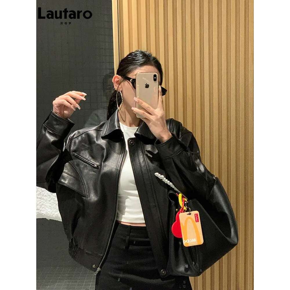 Designer Clothes Lautaro Spring Autumn Cool Retro Waterproof Distressed Brown Pu Leather Jackets For Women Zipper Maillard Style Clothes 2024