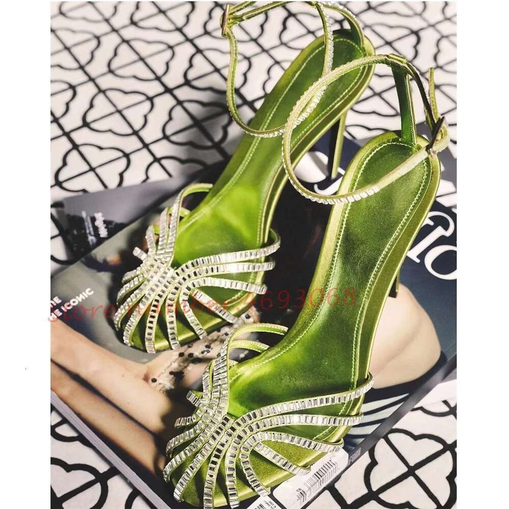 Green Crystal Women Brand Cross Strap Summer Vacation Shoes Stiletto Sexy Banquet Casual High Heels Sandals