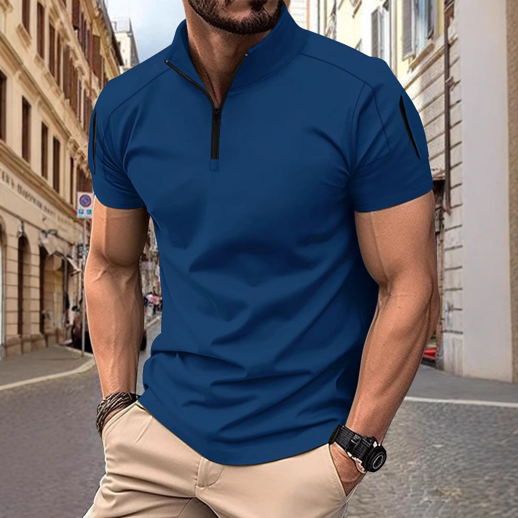 Mens POLO Summer Daily Casual Tactical Training Splicing Arm Pocket Stand up Collar Solid Color Short Sleeve