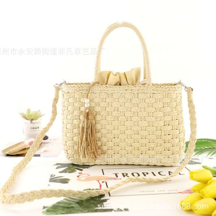 Handmade Beach Bag New Pearl Tassel Woven Hand-Held Diagonal Fashion Women's Beach Bag, Paper Rope Three Strand Braided Bag Kq2