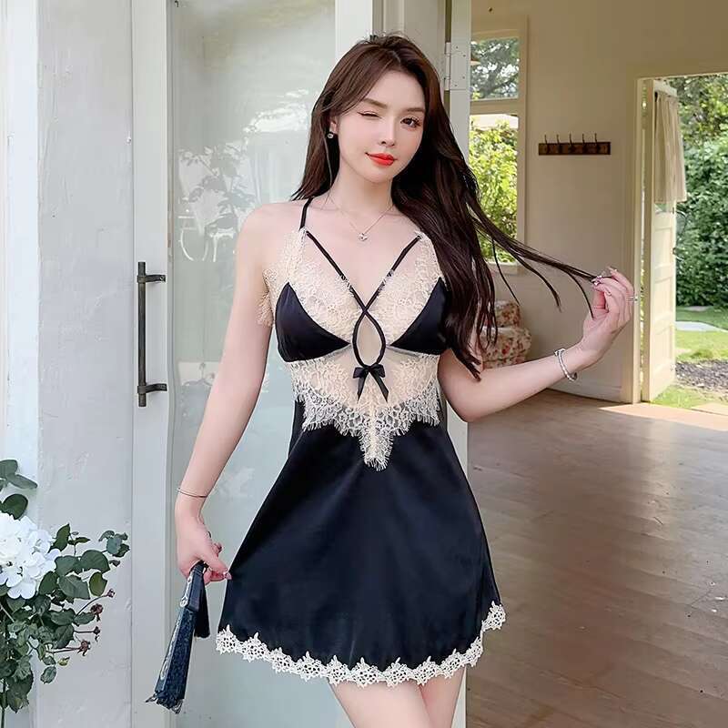 Pamas Embroidered Lace Silk Nightdress Thin Solid Color Elegant Sleepwear Women's V-Neck Sexy Halter Dress