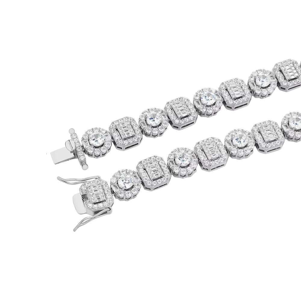 Hip Hop American Street Rap Style Fine Jewelry 925S Silver Square Moissanite Rock Full of Diamond Tennis Chain Necklace