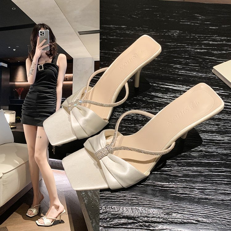 Ms. Free shipping Summer 2025 plus-size socialite style slipper women wear rhine-bow high-heeled sandals