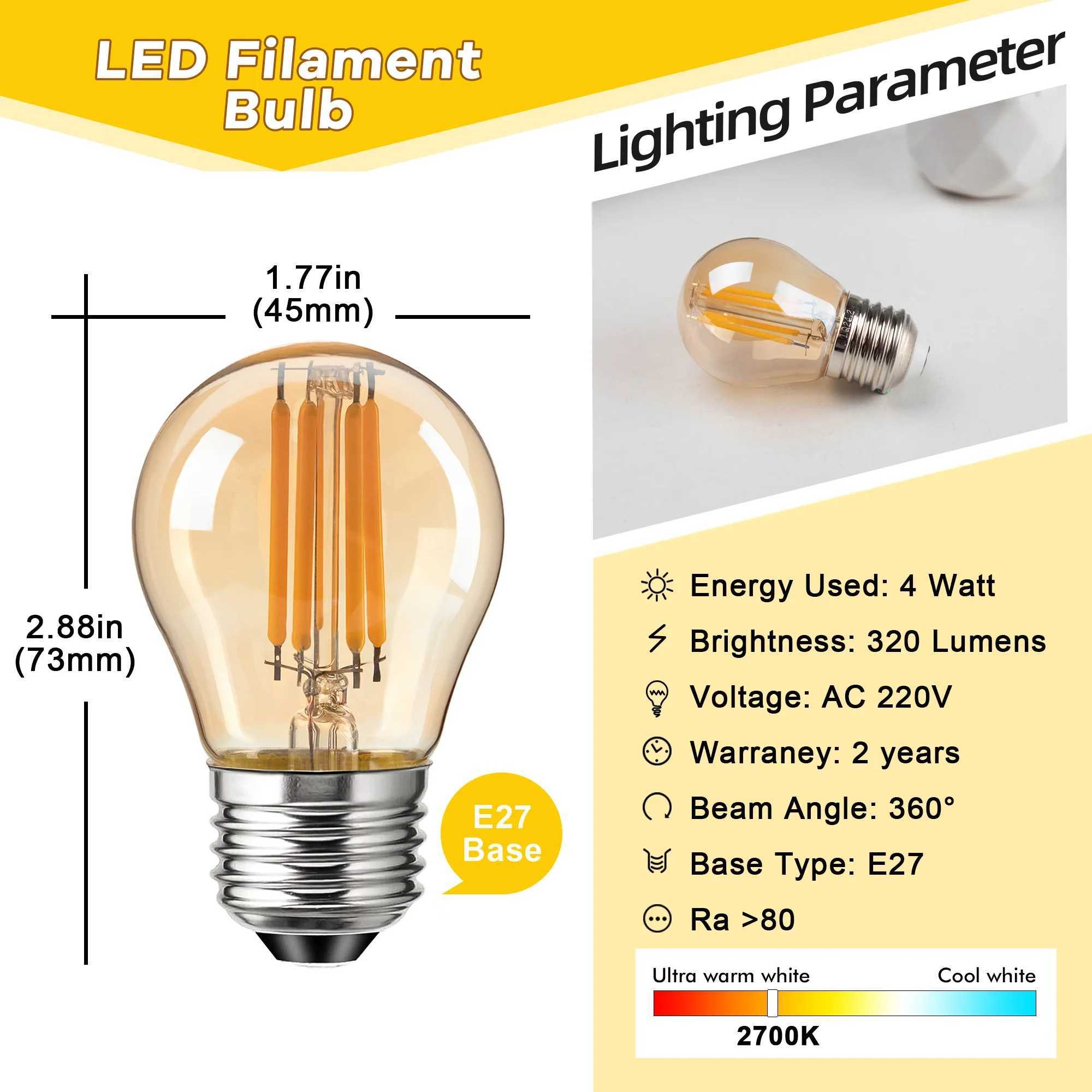 G45 4W Globe Light Bulbs Amber Glass LED Filament E27 Screw Base 220V 2700K 40W Equivalent Retro Decorative Dimmable Edison Bulb C251115