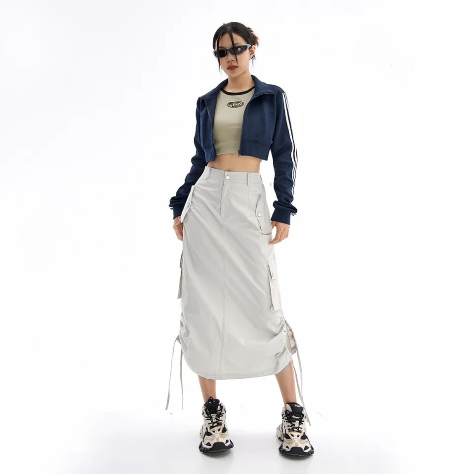 Y2k Cargo Midi Skirts Women Retro Streetwear Pocket High Waist Side Split Shirring Straight Long Skirt 250409