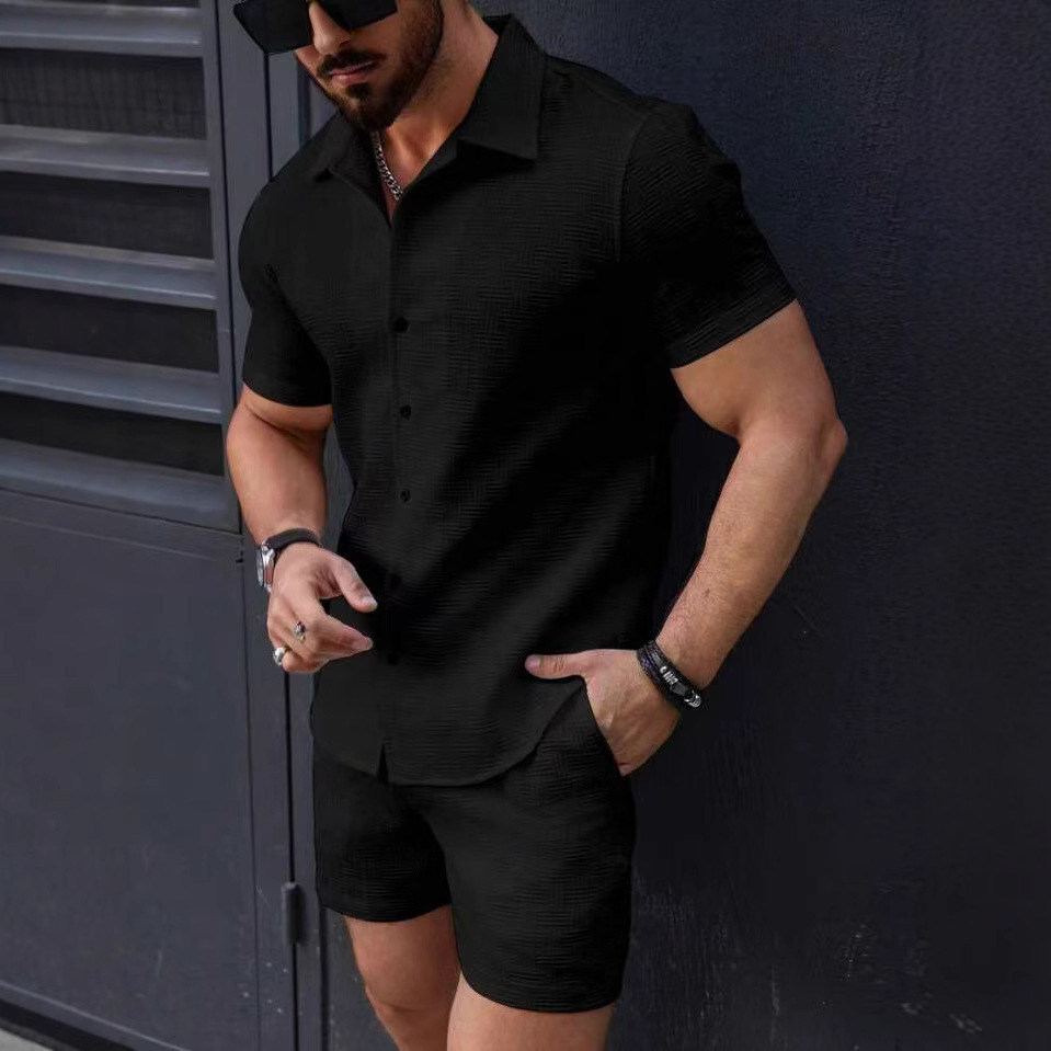 2025 Fashion New Mens Short sleeved Shirt Shorts Sports and Leisure Beach Two piece Set