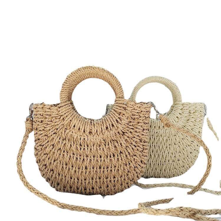 Handmade Beach Bag New Paper Rope Fashion Versatile Hand-Held Crossbody Small Round Bucket Hand Grass Woven Bag Kq2