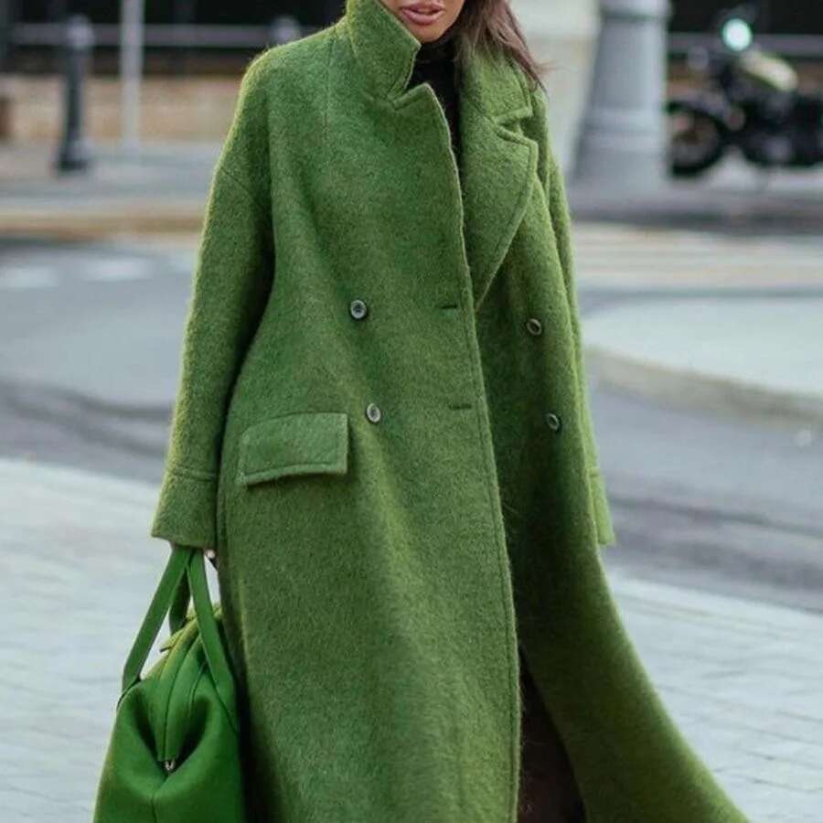 Autumn And Winter Long Solid Color Temperament Commuter Belt-Less Lapel Loose Tweed Green Coat