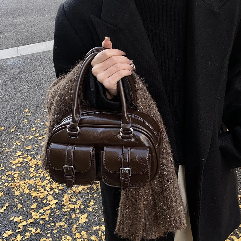 Minimum wax leather pillow bag vintage Boston bag handheld shoulder bag 250410