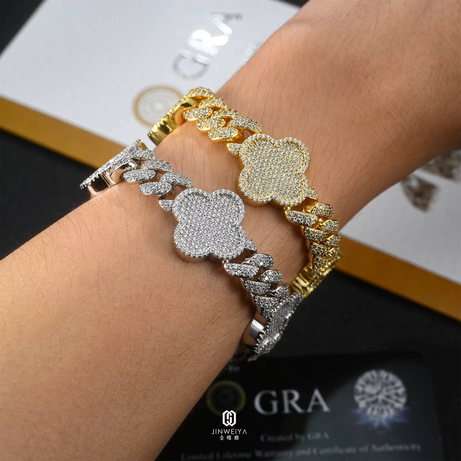 HipHop Jewelry 925 Silver Exquisite Chain Link Bracelet Lucky Flower VVS Moissanite Cuban Chain Luxury 10mm Cuban Chain Bracelet