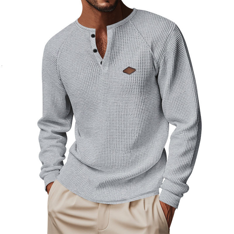 2025 Men's Casual American Spring and Autumn Thin Style Waffle Buckle Quick Dry Shoulder Henry T-shirt Long Sleeve