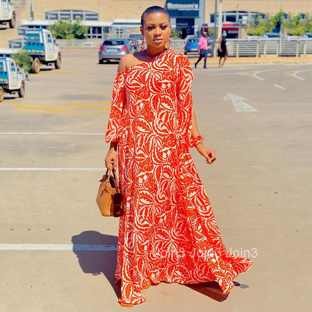 S9310 2025 Summer New Womens Printed Dress with Diagonal Shoulders and Medium Sleeves Loose and Sexy Long Dress