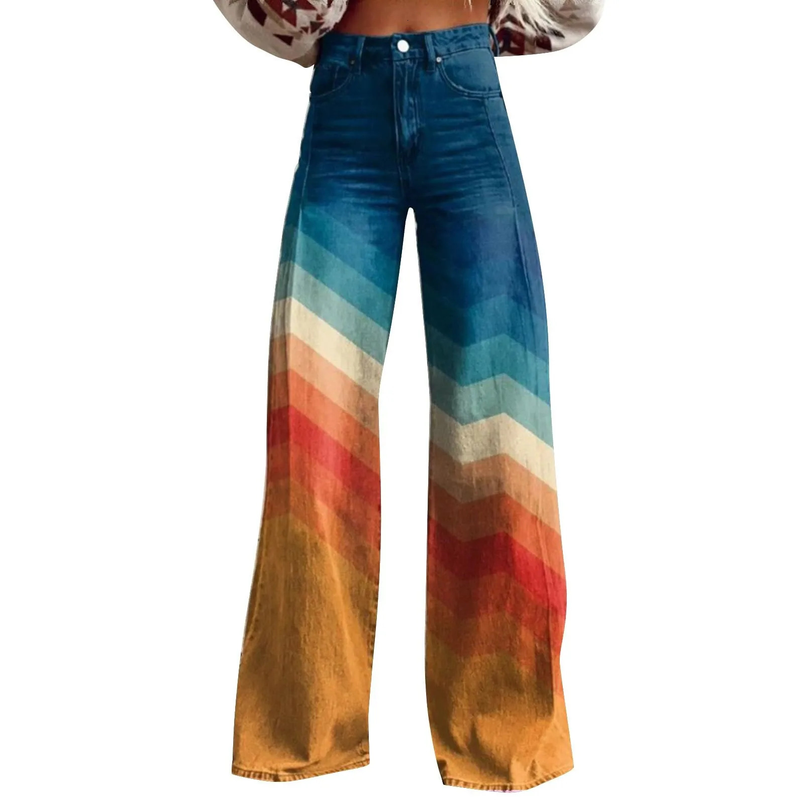 Womens wide leg Flare jeans with pockets retro floral print high waisted loose pants 250414