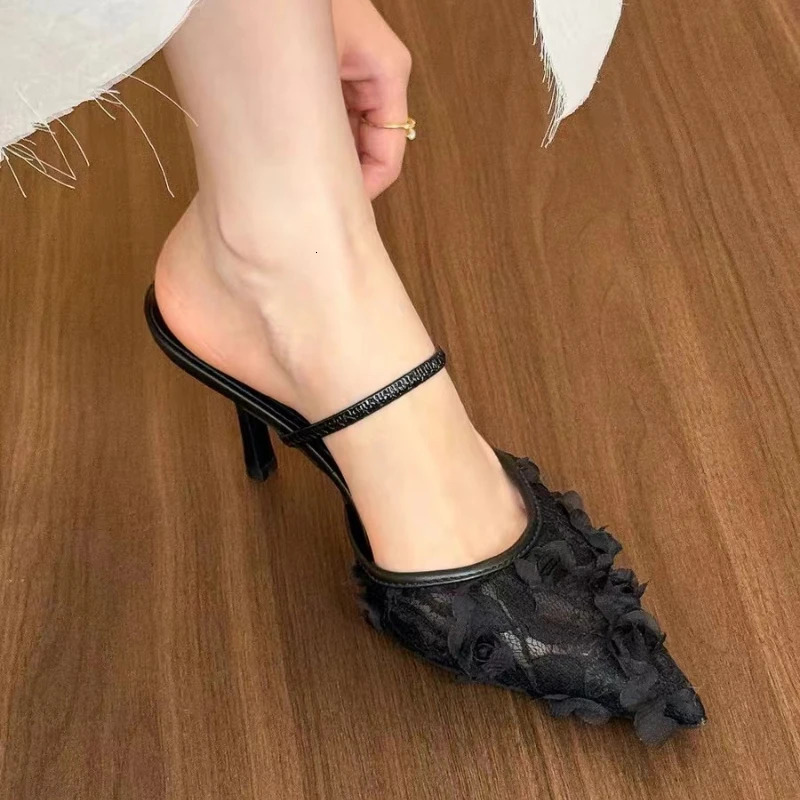 Flower high-heeled womens slider elegant pointtoe sandals Fad summer slider pump shoes dress fine high-heeled shoes women Zapatos 250411