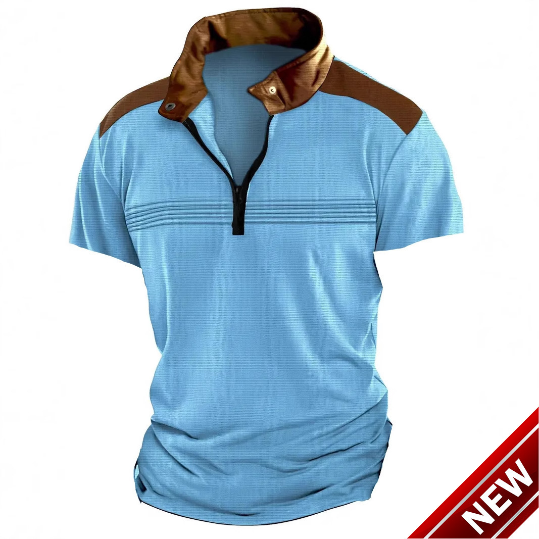 New spliced chest fold mens polo shirt with zipper and short sleeved sports polo shirt