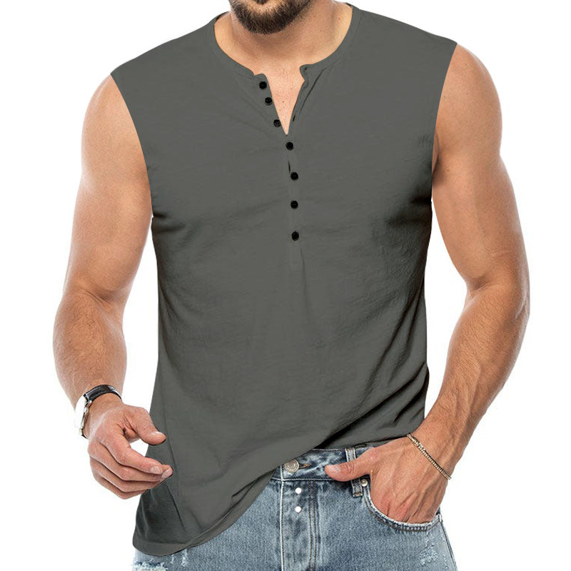 Men's tank top sleeveless summer new men's Henry shirt solid color button sports fitness vest