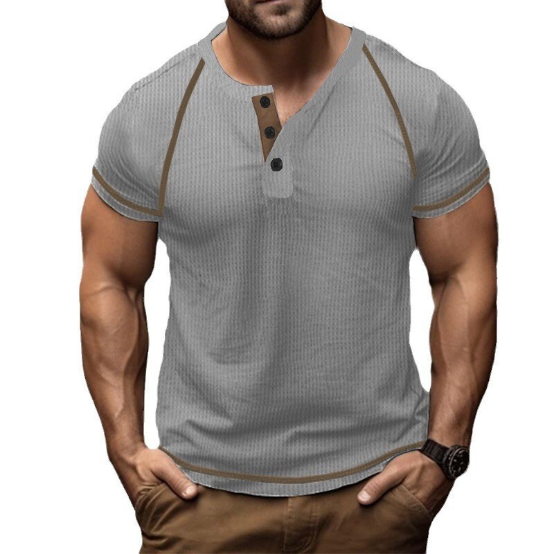 2025 Waffle Henley Solid color Shoulder Insert Summer Short sleeved Men's T-shirt