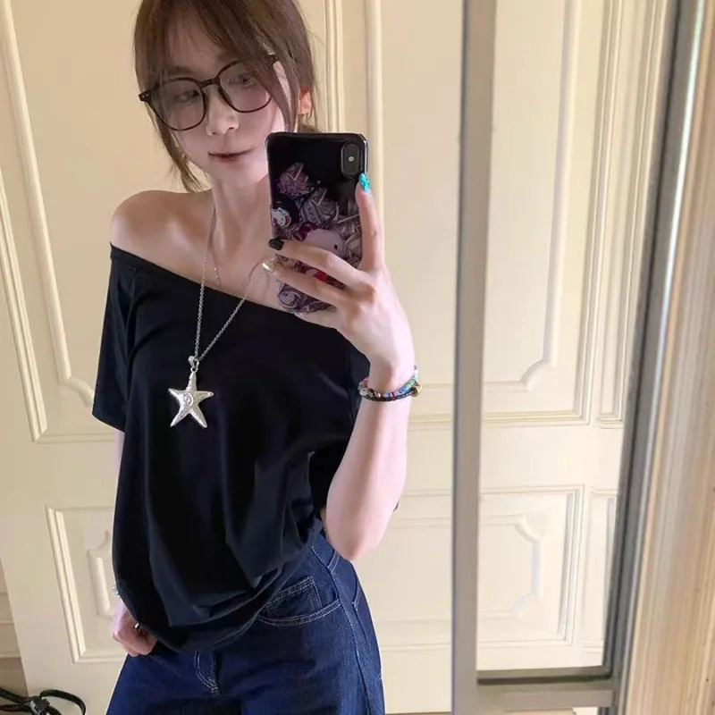 T-shirts Women Niche Off Shoulder Solid Short Sleeve Summer Chic Loose Casual Daily Simple Sexy Korean Trendy Street Tops 250415