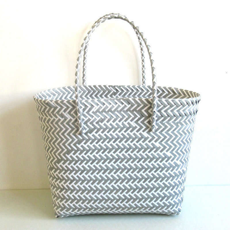 Handmade Beach Bag New Plastic Strapping, Woven Hand-Held Vegetable Basket Striped Color Blocked Beach Bag, Fashionable Women's Bag Kq2
