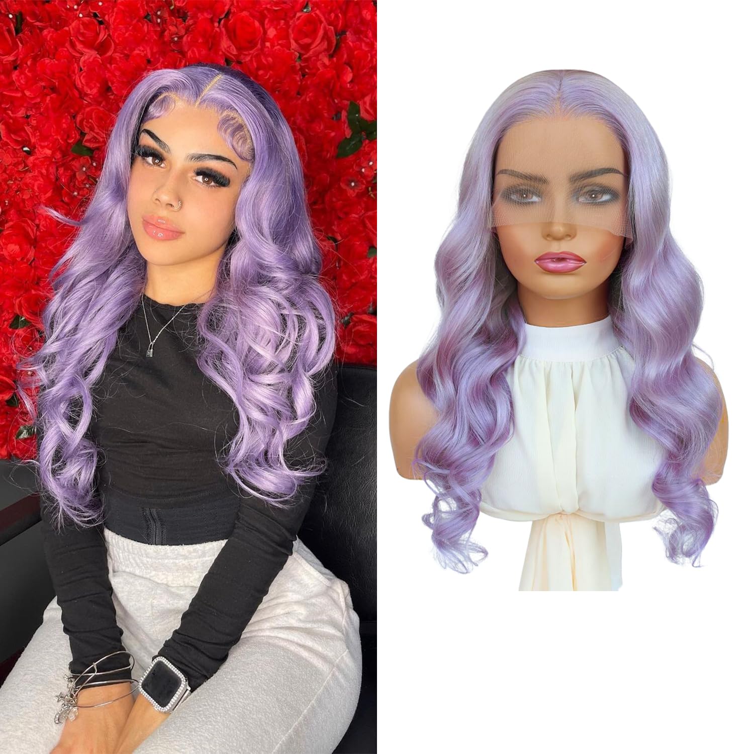 Purple Colored 13*4 Long Wig Simulation Human Hair Wigs for Women Preplucked Lace Front Wig Transparent Lace Frontal Wig Body Wave Cosplay Synthetic W