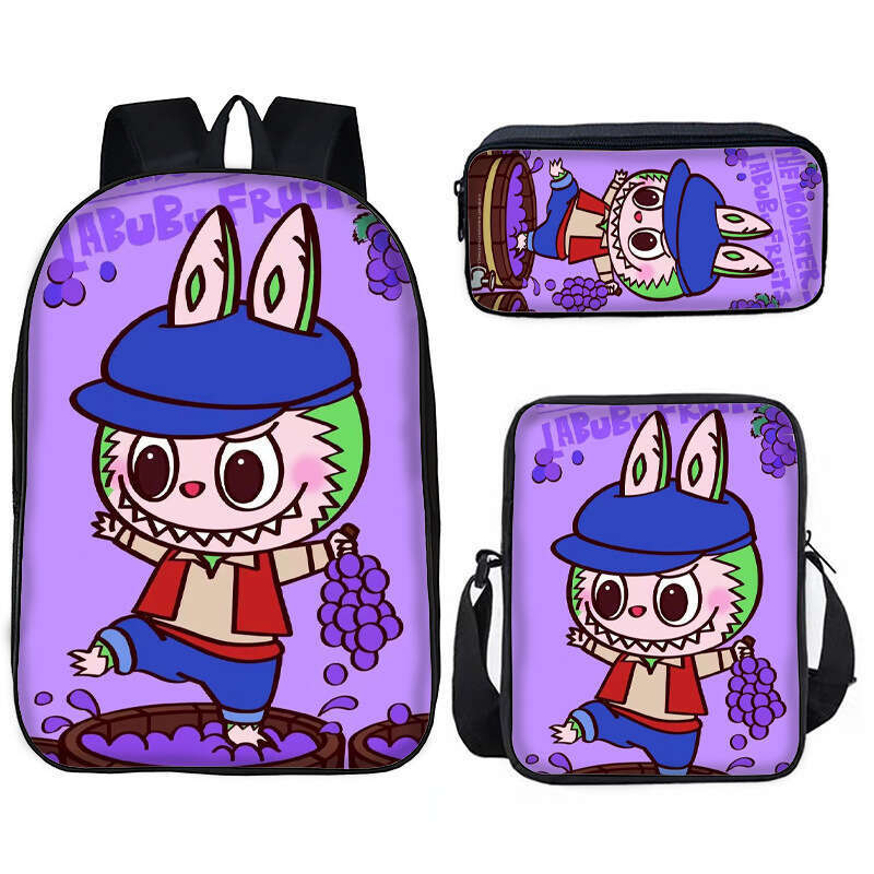 New Labubu Student Pullcloth Pattern Backpack Shoulder Pen Lunch Bag 3-Piece Set