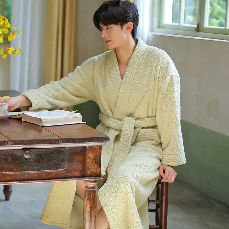 Couple Robe for Men Sleepwear Bathrobe Warm Fleece Pajama 2025 New Winter Night Wears Solid One Piece Nightgown Pocket Homewear C251115